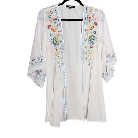Andree' Kimono White Floral Embroidered Open Front Boho Cottagecore Western M - Picture 1 of 6